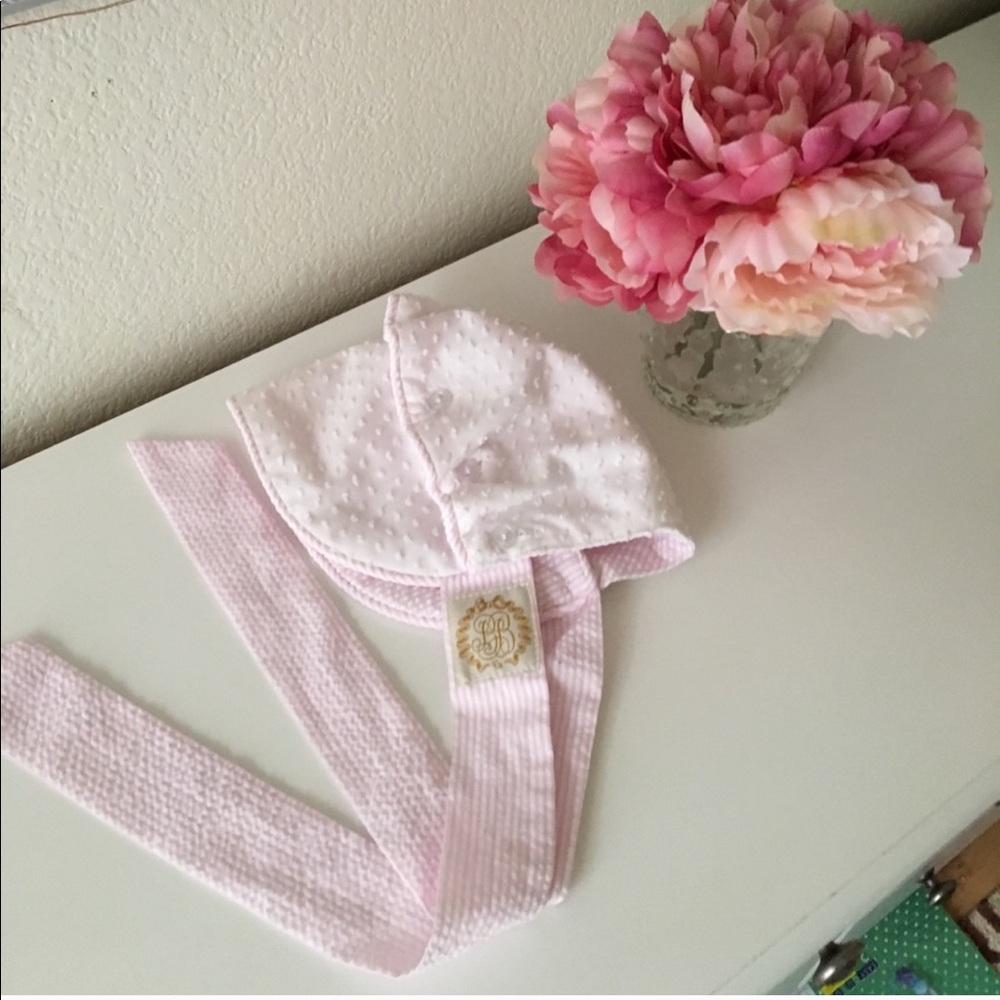Beaufort bonnet white and pink Swiss dot bonnet